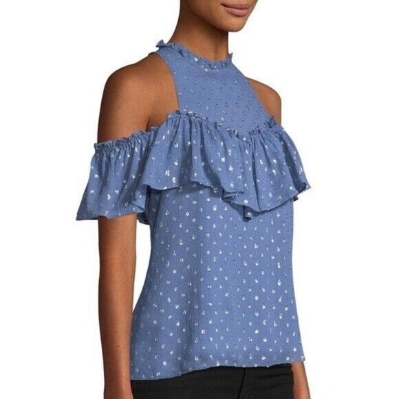 REBECCA TAYLOR Open Shoulder Silk Metallic Dot Top Size 6 - Picture 1 of 6